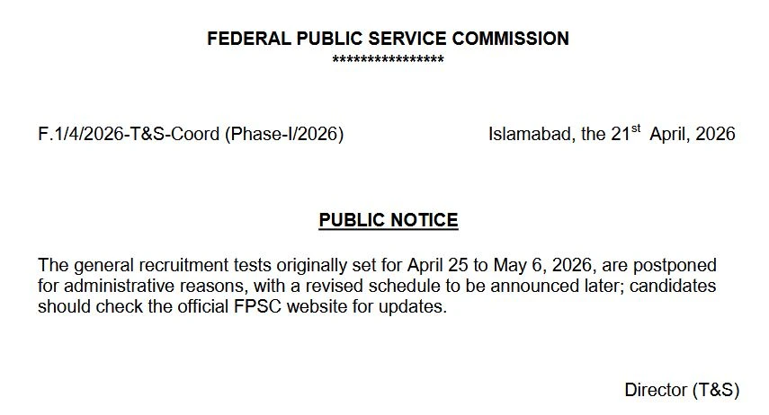 FPSC Exam Update 2026 General Recruitment Tests Postponed