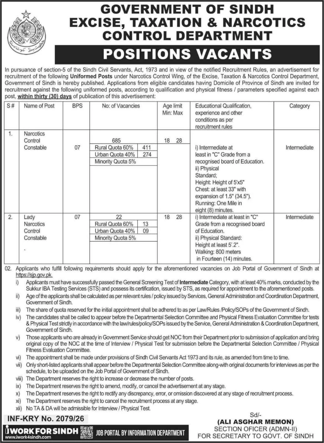 Excise, Taxation and Narcotics Control Department Sindh Jobs Advertisement