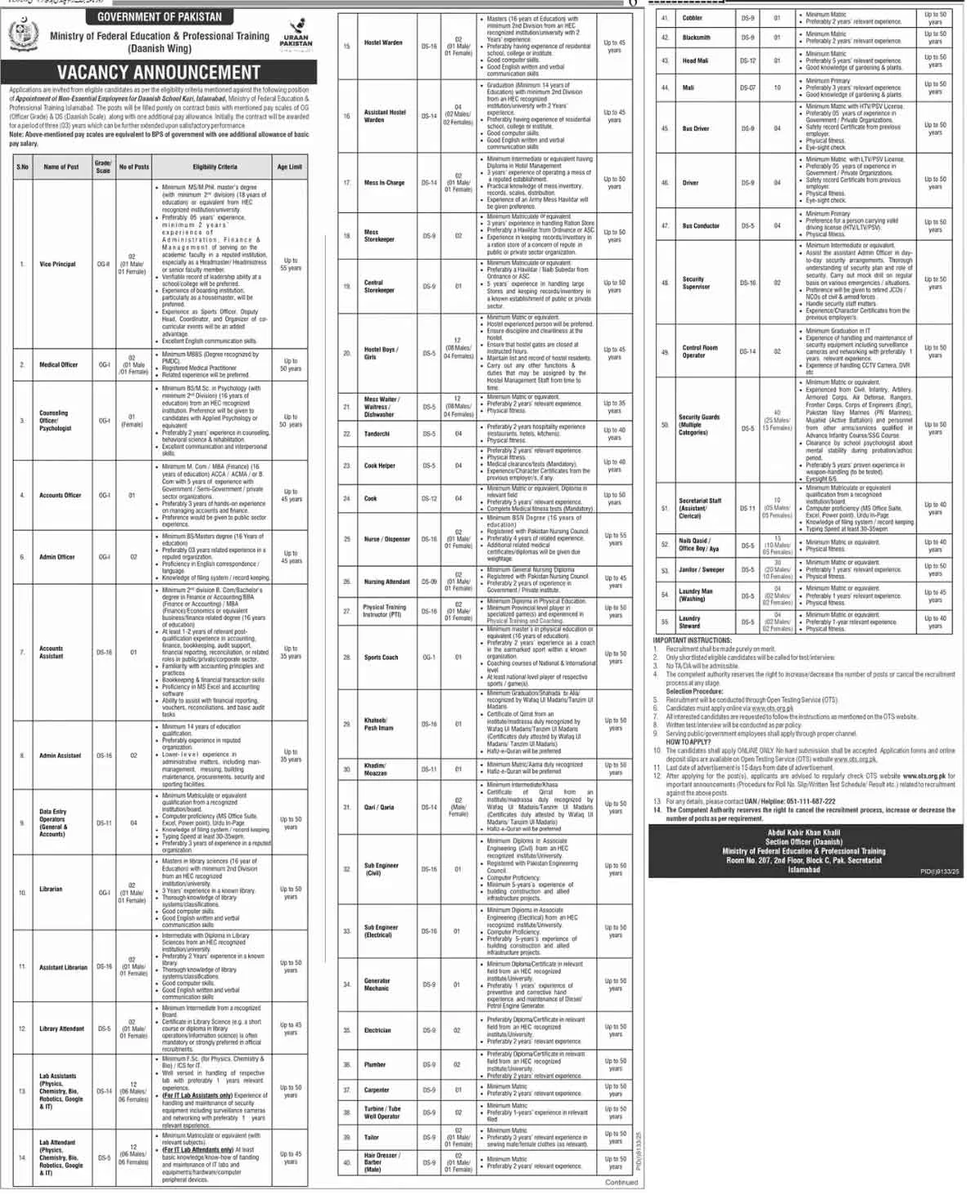 Ministry Of Federal Education And  Professional Training Jobs 2026 Advertisement