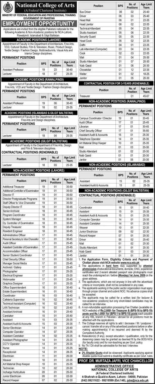National College of Arts NCA Jobs 2026  Advertisement