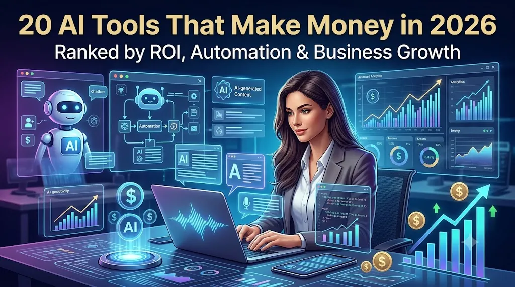 Create a professional blog featured image sized 1200x675 pixels for an article titled "20 AI Tools That Can Actually Make You Money in 2026". Design a modern, futuristic workspace with glowing AI technology elements, digital dashboards, automation workflows, analytics charts, and floating holographic interfaces. Include recognizable AI concepts such as chatbots, automation pipelines, AI-generated content, voice AI, coding assistants, and business growth visuals. Feature a confident entrepreneur working on a laptop while surrounded by AI tools represented through sleek holograms and productivity icons. Add upward-trending revenue graphs, dollar symbols, and growth indicators to emphasize wealth building and business success. Include visual representations of AI categories such as: * Conversational AI * Workflow Automation * AI Video Creation * AI Voice Generation * AI Research Tools * No-Code App Building Use a premium color palette with blue, purple, cyan, and subtle gold accents. Create strong contrast, clean composition, and a modern tech aesthetic suitable for a finance, business, and AI website. Add large bold headline text: "20 AI Tools That Make Money in 2026" Add smaller subtitle: "Ranked by ROI, Automation & Business Growth" Ultra-realistic, high-detail, professional magazine-style design, sharp typography, clean layout, click-worthy YouTube thumbnail quality, Google Discover friendly, high engagement, premium business technology branding.